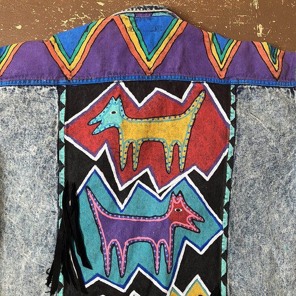 Vintage 90's hand painted jordache denim jacket southwest cow print - Picture 5 of 14